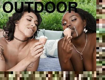 Brooklyn Gray and Elsie pleasuring horny stud outdoors