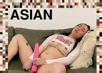 asiatisk, masturbation, amatör, tonåring, leksak, slyna, dildo, ensam, tatuering