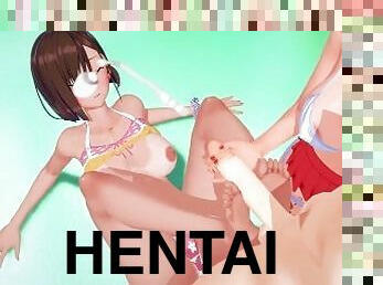 ados, hardcore, ejaculation-interne, plage, trio, pieds, anime, hentai, 3d, fétiche