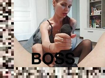 Sexy boss jerked my dick in black stokings POV