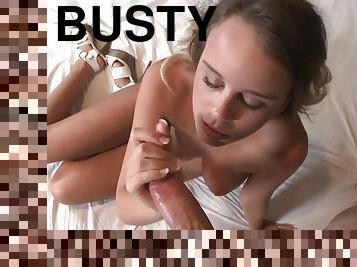 Busty Young Girl Makes Moaning Daddy To Cum Over Her Tits