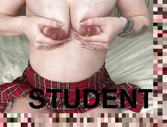 A student in a skirt came home and her breasts need to be milked!