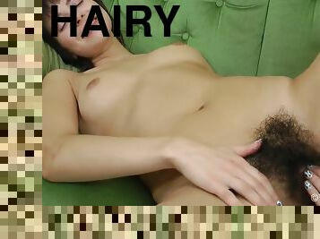 Cute Hairy Lanka Masturbates On Green Couch