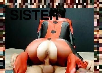 A brunette in a ladybug costume fucks with her tattooed stepbrother
