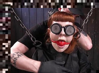 BDSM redhead whore cums hard from dildo stick by master