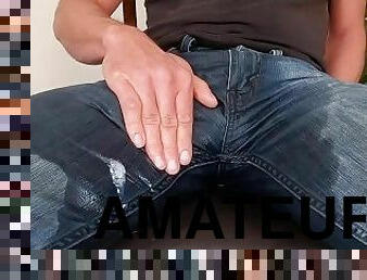 masturbation, pisser, amateur, ejaculation-sur-le-corps, énorme-bite, ejaculation, fétiche, solo, jeans, bite