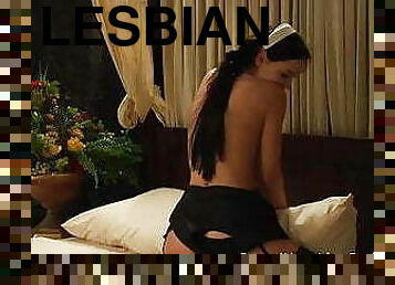 Lesbian Maid In Hot Uniform Reaches Pillow Humping Orgasm