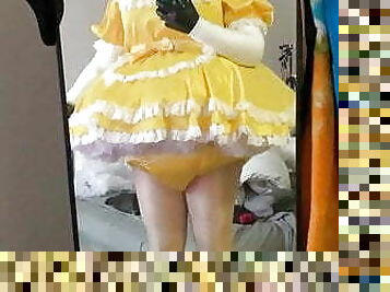 Frilly sissy diaper pantyhose  maid shows off outfit