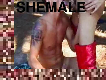 Big cock for shemale in a wood