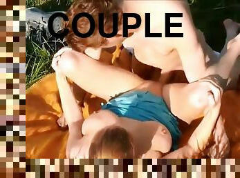 Couple in love have outdoor fun