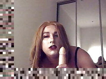 Crossdresser blowjob for a lucky dildo