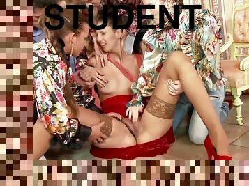 Classy pissdrenched students gangbang teacher