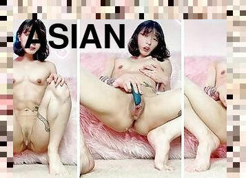 Cute fit squatting Asian girl pleasures her big clit while dripping pussy juices