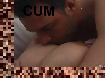 Chubby bitch gets the cum on her big tits