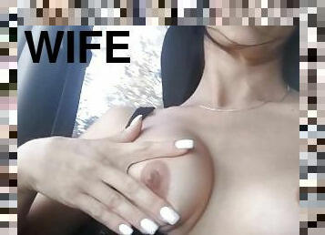 My wife is very horny in the morning and play her boobs in the road to work