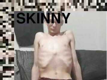 Very skinny teen masturbates and shows off his skinny ribs and has amazing leg orgasm cumshot