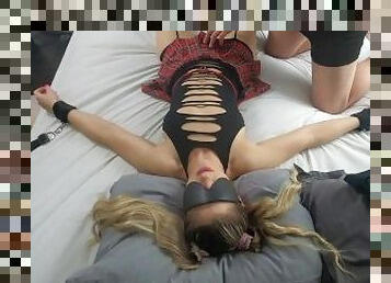 Tiny blonde teen gets tied to bed and used