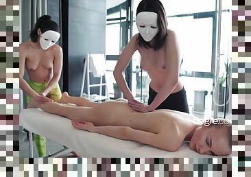 lesbisk, legetøj, massage, trekanter, blond, brunette, maske