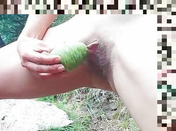 Hairy pussy masturbates with young gooey pine cone - almost caught in forest Angel Fowler