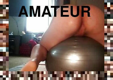Tgirl pees herself while stretching on yoga ball