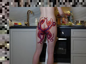 Housewife With Tattoo On Butt Cooks Dinner On Kitchen And Ignores You