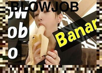 English-subbed  BLOWJOB TO BANANA to put the condom on? Japanese amateur handjob.