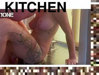Hard sex with a beautiful girl in the kitchen ended with a passionate blowjob and cum on face
