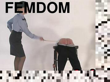 Uniformed whipping femdoms lashing sub ass in 3some