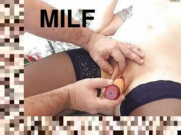 Lover masturbates vibrator dildo pussy Milf . Wet pussy strong orgasm and squirt. Nipple stimulation