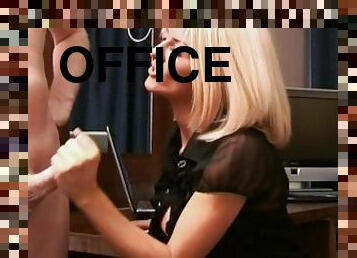 Office femdom humiliates small dick while giving handjob