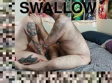 Ball Sucking, Silly Cum Kiss and Swallowing a Big Load