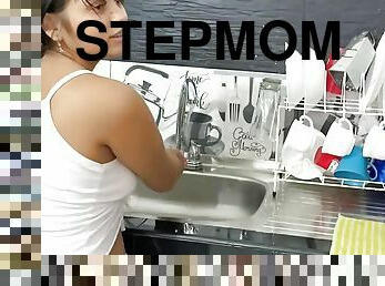 My stepmom fucks my small pussy in the kitchen while she washes the slab