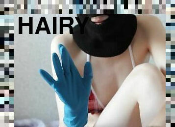 SEXY MASKED SCHOOLGIRL GIRL PUTS ON BLUE MEDICAL GLOVES TEASING FETISH SHORT VIDEO FEET HAIRY PUSSY