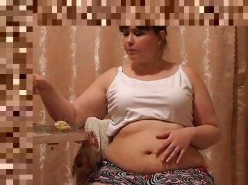 Mukbang Cute BBW Eats and Shows Her Big Belly