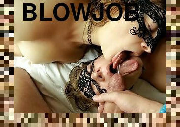 blowjob-seks-dengan-mengisap-penis, menelan, bertiga, ganda, sudut-pandang, sperma, buah-zakar, pengisapan