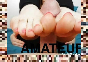 amatør, milf, føtter, pov, cum, fetisj, footjob, brunette, tær