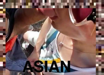 asiatisk, masturbation, utomhus, publik, amatör, avsugning, sväljer, sprut, vit