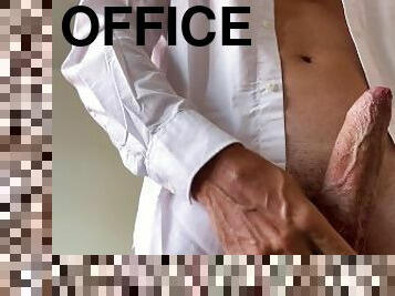 masturbare-masturbation, birou-office, jet-de-sperma, masturbare, solo, alb