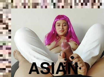 Amazing Pink Hair Asian Gives Her Stepcousin An Oiled Footjob