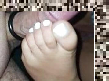 White toenails foot job after diner fun foot fetish cum