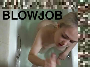 Interrupting her bath for a quick blowjob