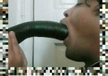 Femboy worshipping Black dildo