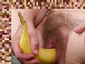 Girls Out West - Hairy amateur masturbates with banana