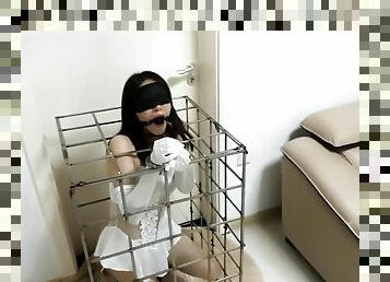 Caged Asian Ballgagged Remote Vibed Blindfolded
