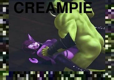 Elf gets pussy creampie from big orc