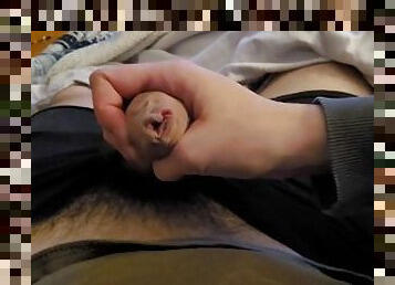 teen teasing throbbing cock through boxers for cumshot