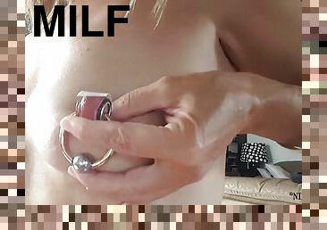Nippleringlover - horny milf sticks fake tattoos on huge pierced nipples close up
