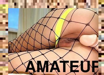 Hot solo brunette in fishnet plays with wet close-up pussy and huge dildo - Squir7een