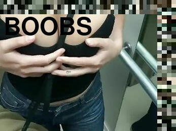 Touching my girlfriend’s nice boobs in the elevator (almost caught)
