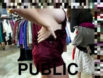girl has public nip slip with big tits falling out of her shirt